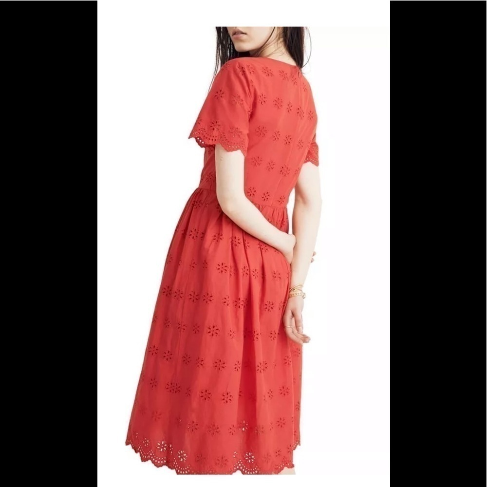 MADEWELL Scalloped Eyelet Midi Dress Short Sleeve Prairie Red Cotton - Picture 9 of 9
